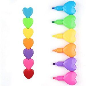 Set of 6 Love Heart Shape Color Highlighter Markers with 1 Red Heart Cap, Multic